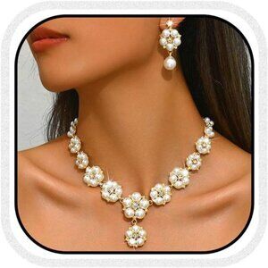 Pearl Bridal Wedding Jewelry Set Sparkly Rhinestones Wedding Necklace set